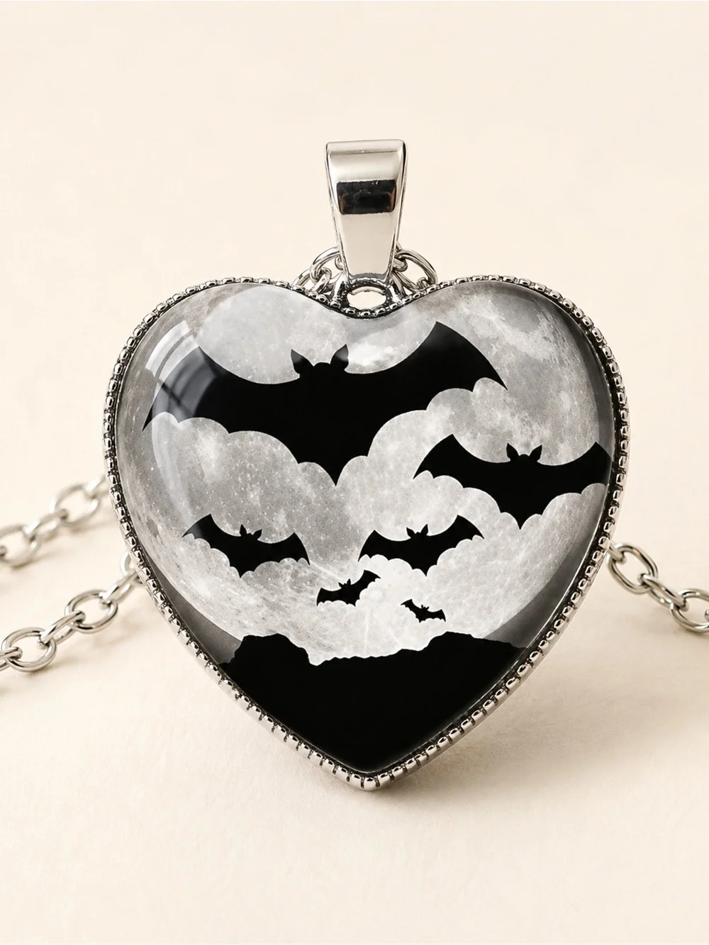 Dome Shape Heart Silver & Black Bat Necklace – Gothic Moon Glass Pendant